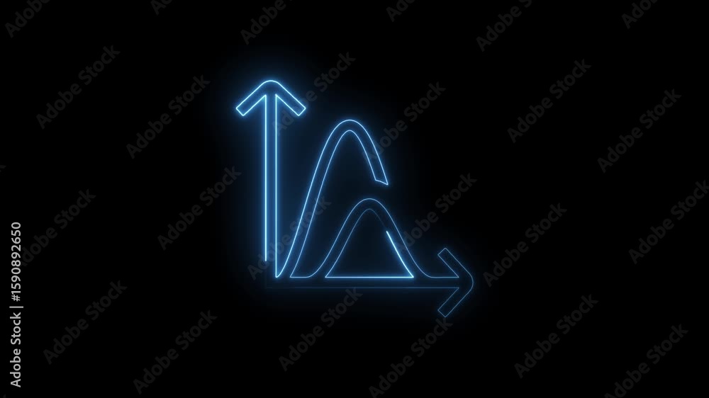 Poster glowing blue neon graph icon with upward arrow and horizontal arrow on black background representing