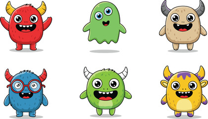 Cartoon cute monsters, colorful vector creatures, funny character set, adorable alien illustration, isolated fantasy monsters, children design collection