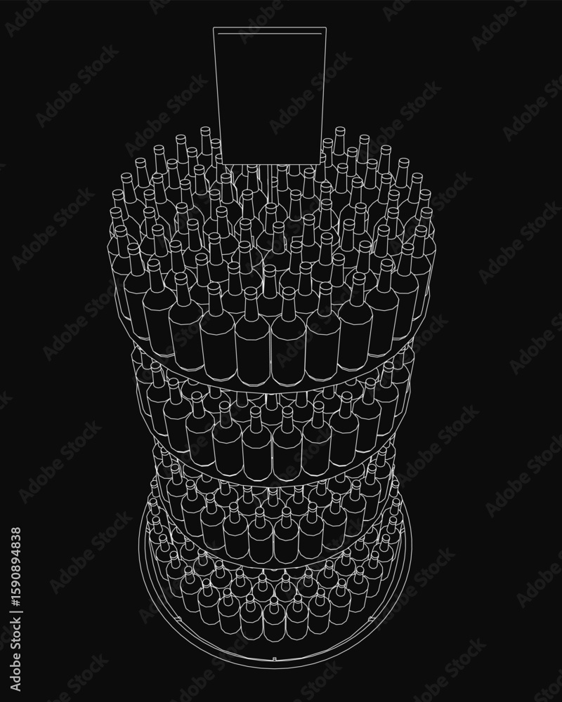 Poster a black and white illustration features a tower of neatly arranged bottles on a dark background, cre
