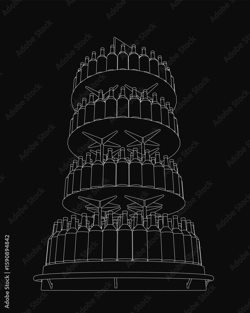 Poster a tall black and white tower illustration features numerous stacked bottles in a clean contour style