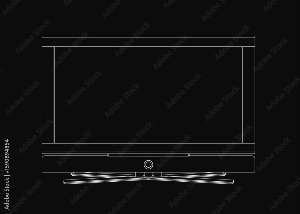 Poster flat screen television in monoblock contour style, isolated on black background. line drawing highli