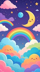 cartoon illustration of rainbow and clouds in the sky