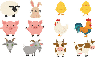 Fototapeta premium Cartoon farm animals collection, cute pig, cow, goat, sheep, chick, bunny, rooster, vector set for kids illustration