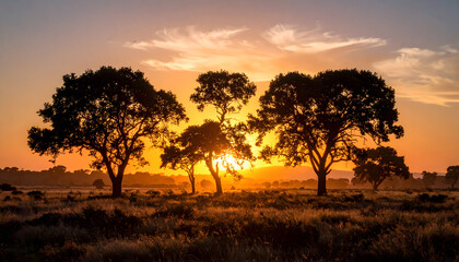Silhouette of Trees at Sunset in African Savanna