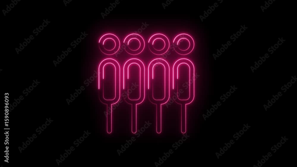 Poster vibrant pink neon glowing abstract icons arranged in two rows on a dark background representing tech