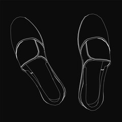Black and white slippers with a classic rounded toe and a strap across the top. The slightly raised sole provides comfort and style. The clean contour design stands out against the black background.