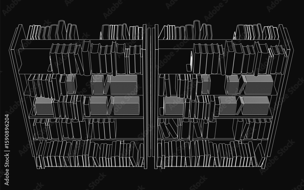 Aufkleber a black and white contour drawing of a neatly arranged bookshelf filled with various books. the shel
