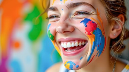 Joyful women founders creative industries express their vibrant personalities through colorful face paint, showcasing their artistic spirit
