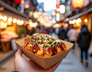 Octopus takoyaki balls with bonito flakes on a paper tray in the background of street food.