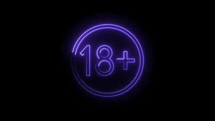 Vibrant purple neon 18 plus age restriction symbol glowing brightly on a clean black background