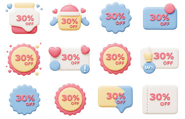 Cute cartoon discount 30 percent off coupon icon logo set 3D