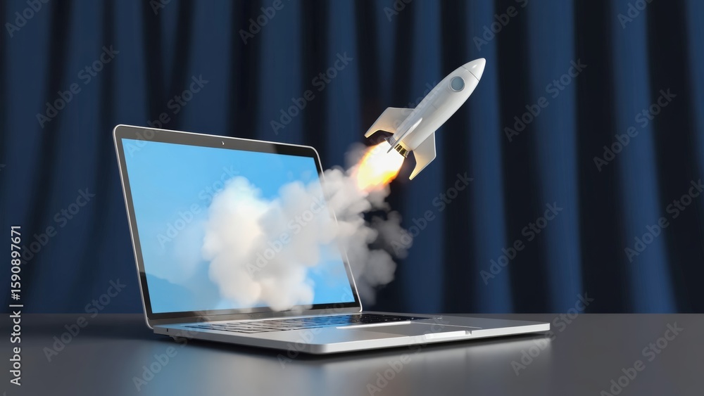 Fototapete a rocket launch depicted from a laptop screen represents technology, innovation in digital age, set 