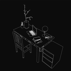 A modern workplace desk with a sleek laptop, organized books, and a stylish pen stand. A contour lamp illuminates the setup against a black background. The chair adds a professional touch.