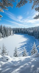 Snowy Forest Landscape with Frosted Trees Under Bright Blue Sky in Winter