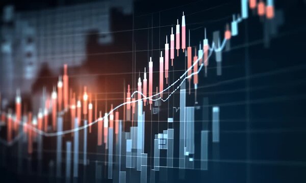 A stock market graph with upward-trending lines and candlestick charts on an abstract digital background,