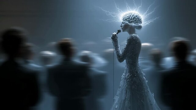 Flamboyant brain diva in an extravagant gown captivates an audience under a dramatic spotlight, evoking themes of creativity and enlightenment. Inspired by mythological muses.