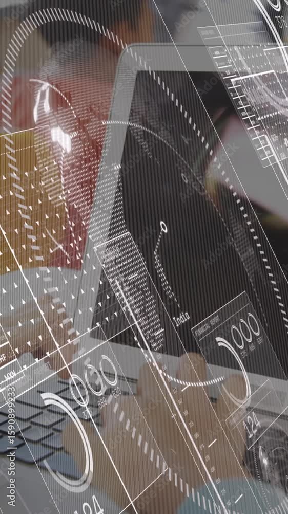 Poster animation of data processing over diverse schoolchildren using laptop