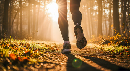 Morning sunlight streams through trees as a person runs on a path, promoting health and fitness in nature.