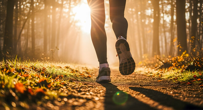 Morning sunlight streams through trees as a person runs on a path, promoting health and fitness in nature.
