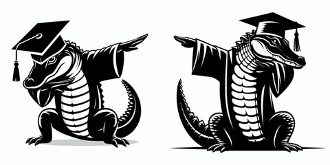 Alligator wear graduation cap and pose dabbing. Diploma Graduate Commencement Ceremony Cartoon Clipart Line Art Vector Illustration. Reptile donning mortarboard hat striking cool dance.