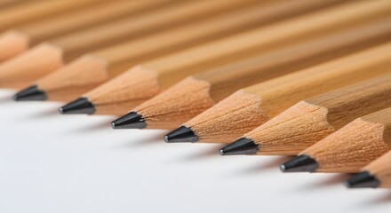 Obraz premium A row of sharpened, unpainted wooden pencils with graphite tips, aligned diagonally on a white surface, showing precision and detail.