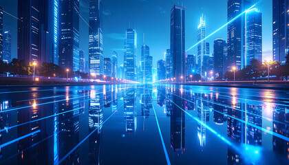 Futuristic Cityscape at Night with Blue Neon Lights and Water Reflection