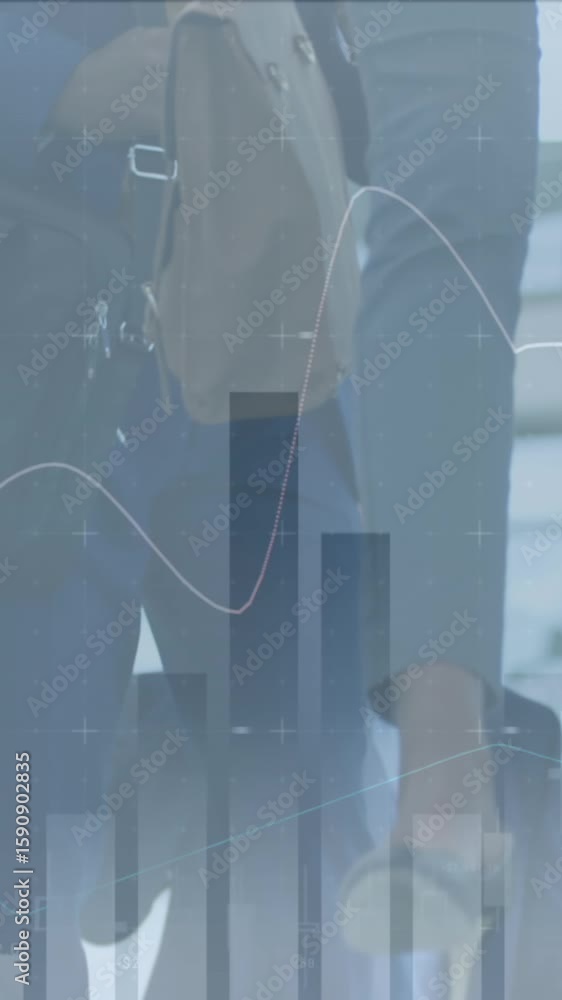 Poster animation of financial data processing over business people using escalator in office