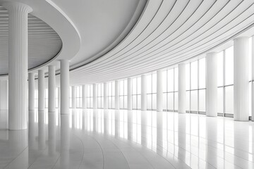 Fototapeta premium Modern White Interior with Curved Ceiling, Cylindrical Columns, and Reflective Floor in Sunlit Space