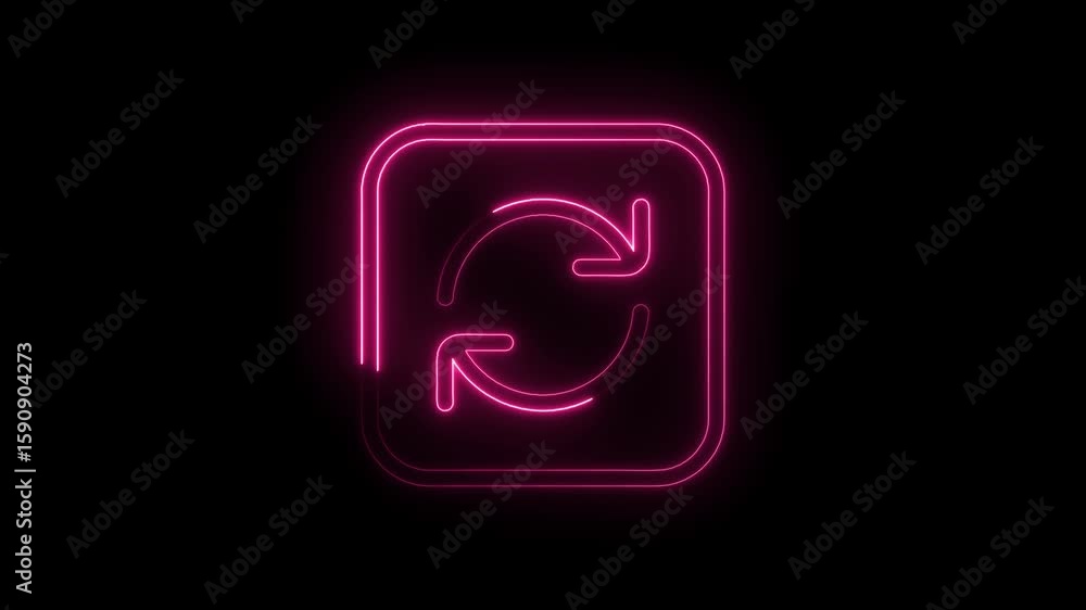 Poster glowing pink neon refresh icon symbol with arrows inside a rounded square frame isolated on black