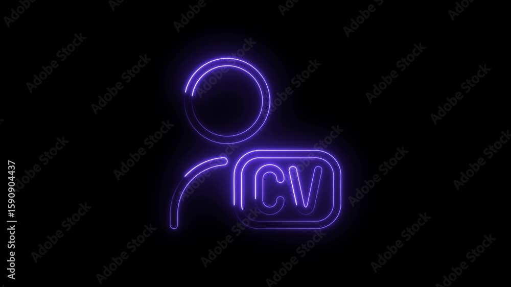 Poster glowing neon purple user profile icon with c v text on transparent black background representing car