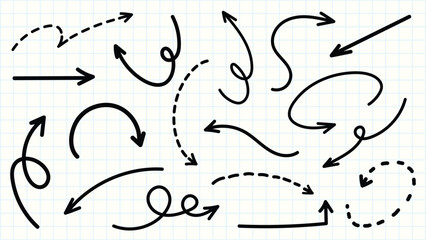 Set of simple lines hand drawn black arrows in various style. Set of simple of hand drawn black arrows. Set of simple lines hand drawn black arrows. Various of simple lines arrows collection