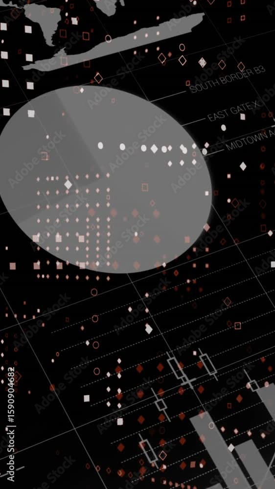 Poster animation of dots forming abstract pattern over infographic interface against black background