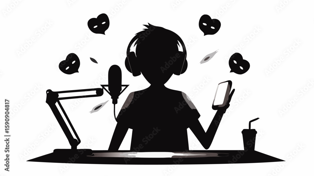 Aufkleber silhouette of a person with headphones using a microphone and phone with heart icons floating around
