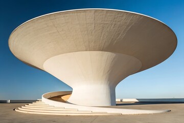 Fototapeta premium Futuristic Bowl-Shaped Concrete Structure with Curved Ramp in Open Outdoor Space