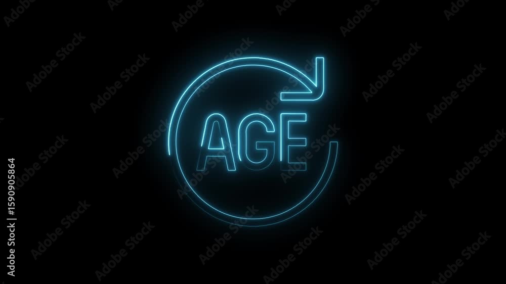 Poster glowing blue neon age icon with circular arrow and transparent background representing time cycle or