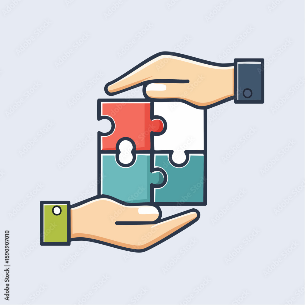 Poster simple line art of hands supporting a jigsaw puzzle, representing problem solving, teamwork, unity, 