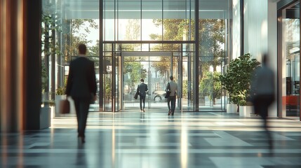 Businessmen walking through a modern office building with glass doors and natural light streaming in