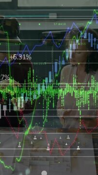 Animation of financial data processing over architects working