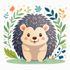 Charming cartoon hedgehog with rosy cheeks, nestled among vibrant leaves and hearts, conveying warmth, love, and innocence, ideal for kids' products, greetings, or educational materials.
