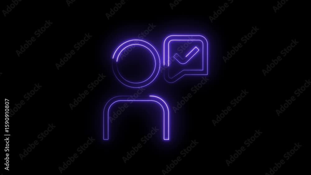 Poster glowing purple neon user profile icon with a checkmark in a speech bubble isolated on a black backgr