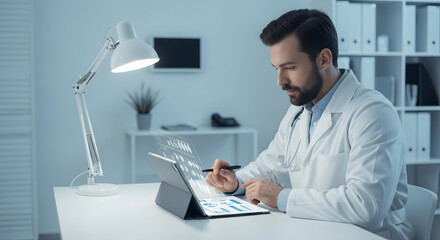 Doctor using digital tablet analyzing patient data.