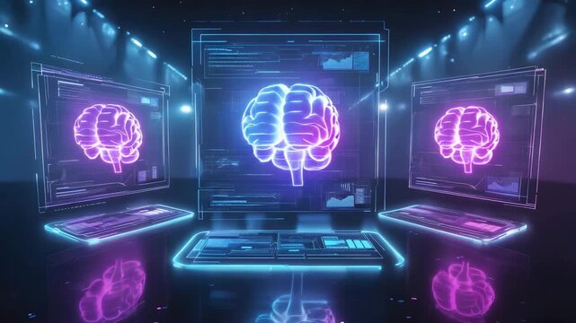 Ai brain technology artificial intelligence neural network deep learning concept future tech innovation. 
Futuristic brain scan interface. Neon hologram of human brain. Medical tech glowing display