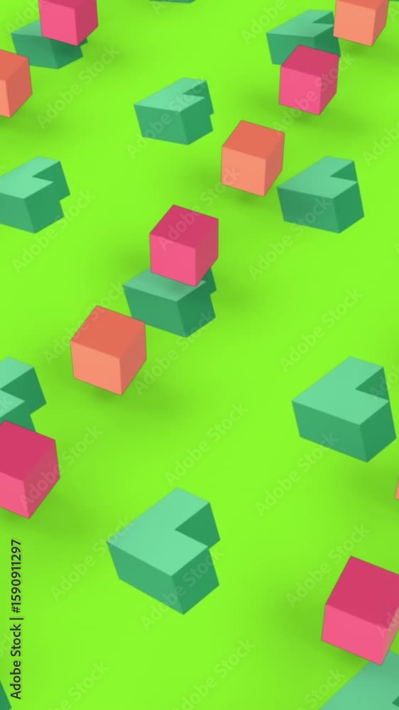 Poster animation of 3d structures spinning in seamless pattern against copy space on green background