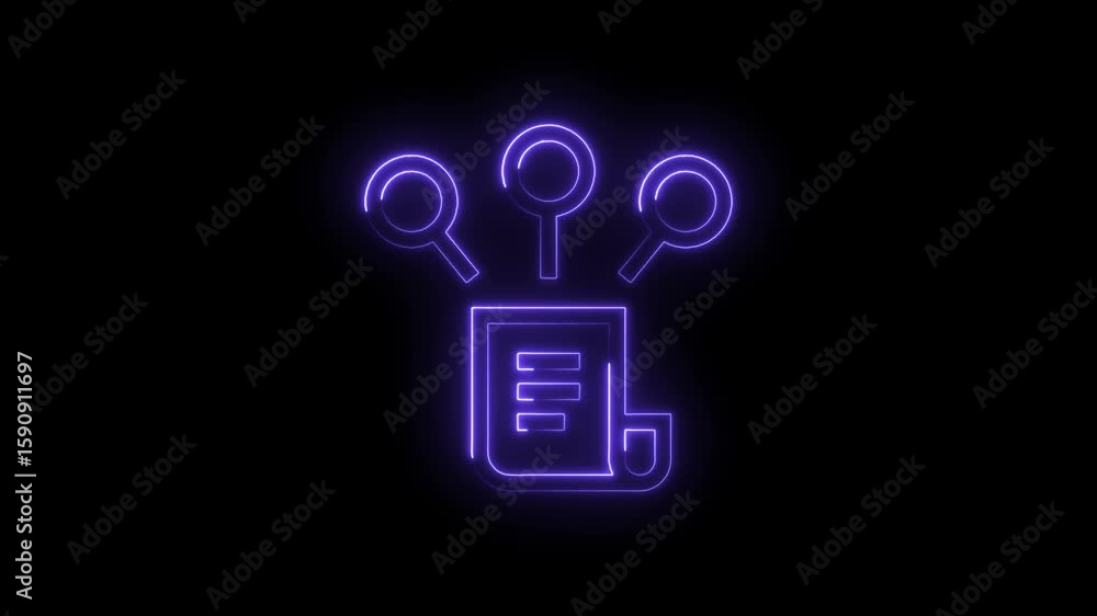 Poster glowing neon purple magnifying glass icons hovering over a document symbol representing search analy