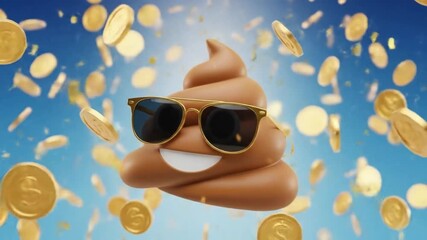A poop emoji wearing sunglasses is surrounded by falling gold coins, symbolizing wealth and success
