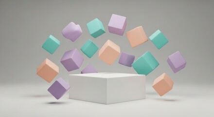 Fototapeta premium Colorful cubes float around a white display stage