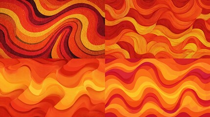 Four panels of vibrant, wavy, abstract patterns in shades of red and orange