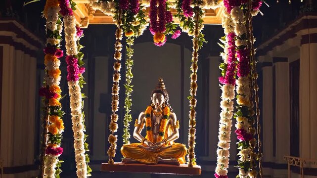 An intricate floral display surrounds a seated statue Krishna in a temple, creating a peaceful ambiance. Soft lighting adds to the serene environment, showcasing the spiritual essence of the space