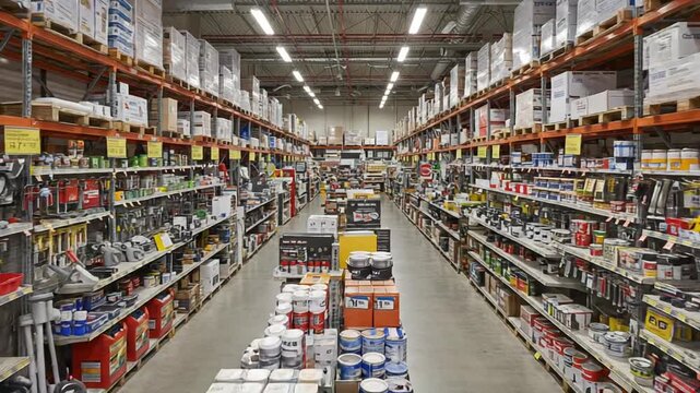 Aisle of tools and supplies in a busy hardware store