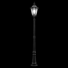Photo of an elegant, vintage black street lamp with an illuminated glass lantern, standing tall on a decorative post, isolated on a transparent background